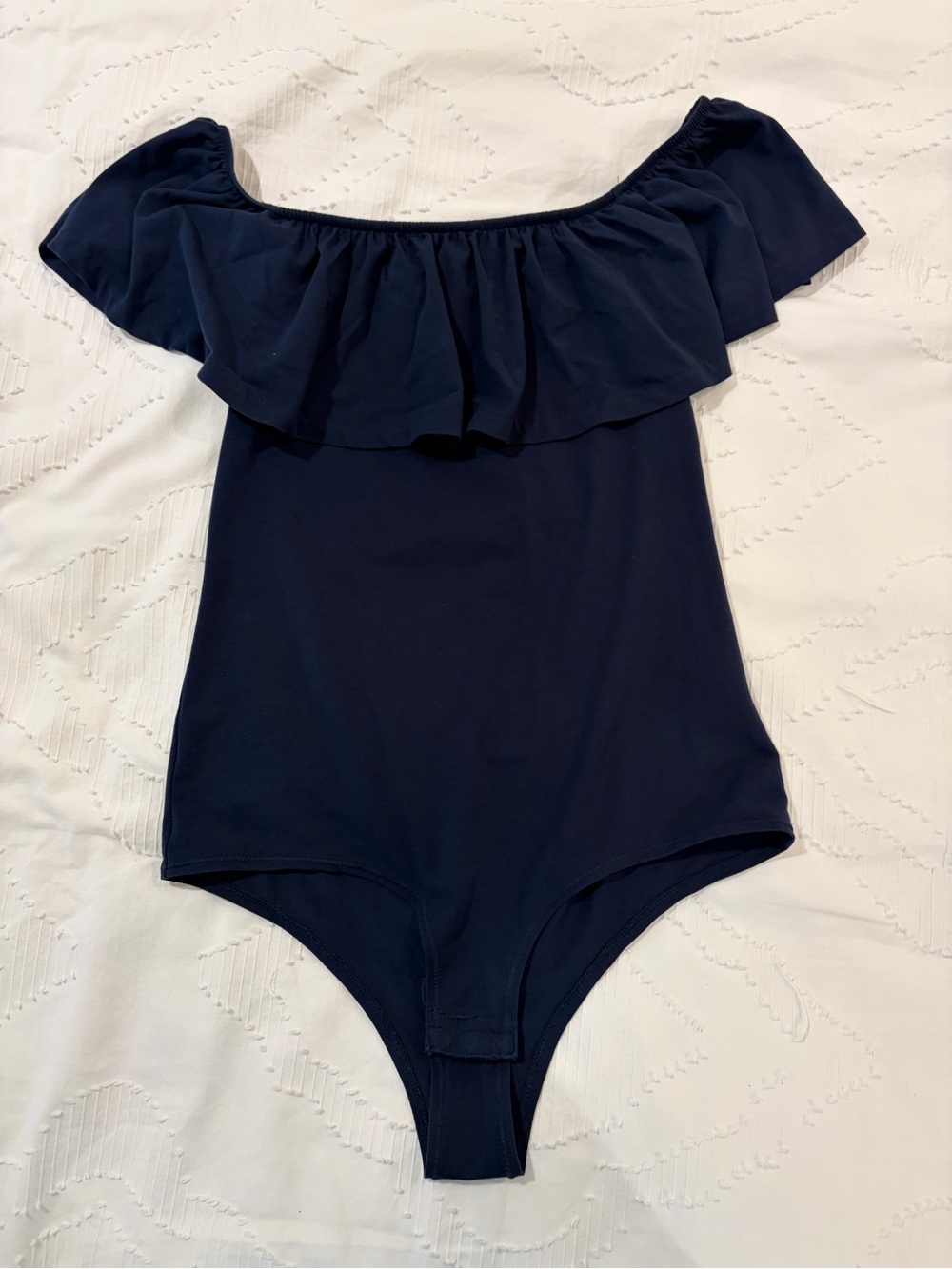 J. Crew Navy Off-Shoulder Ruffle One-Piece Bodysuit